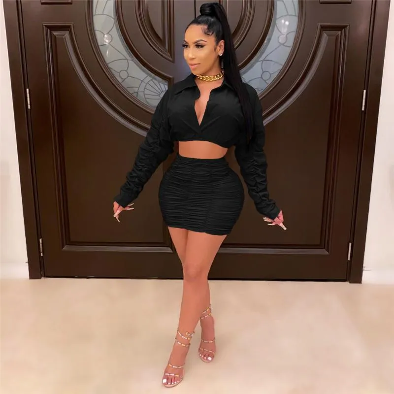 Plus Size Clubbing Outfits Ruched Skirt Set Long Sleeve Crop Top And Mini  Skirts For Fall Club Outfits From Dahuangtao, $31.84