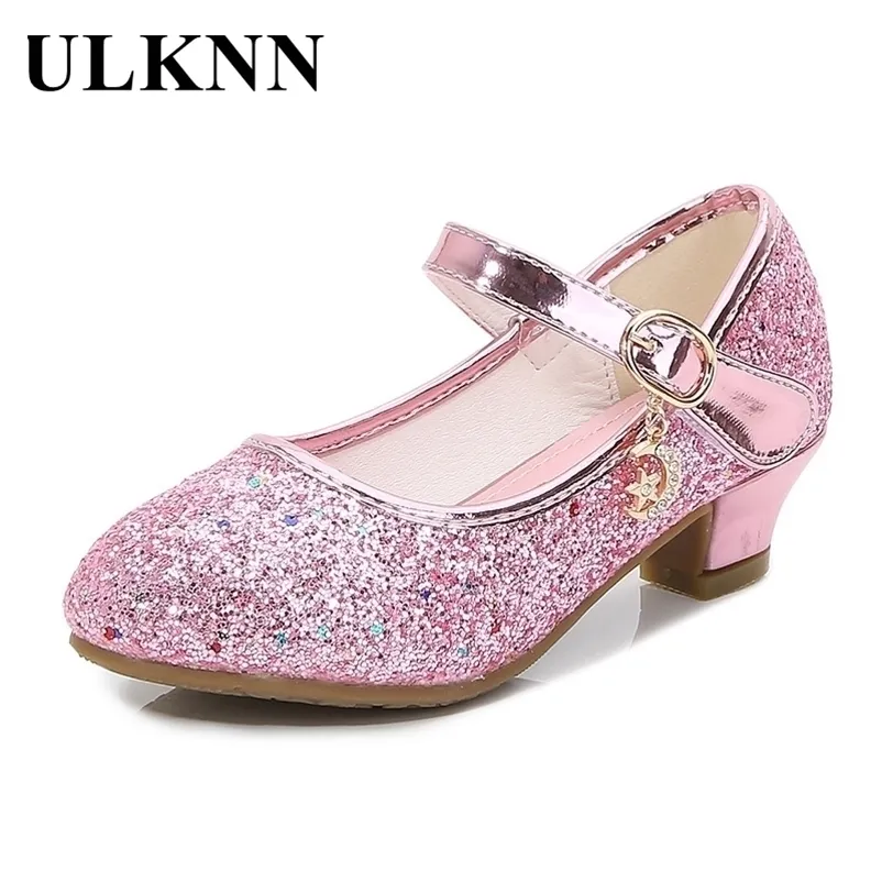 ULKNN Enfants Chaussures À Talons Hauts Filles En Cuir Fleur Casual Rose Glitter Enfants Papillon Noeud Taille 26-38 220211