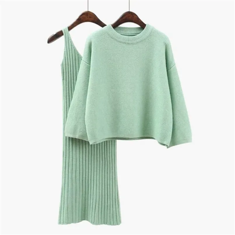 [EWQ] Sweater Woman Pullover Long Sleeve Ladies Knit Top + High Waist Knitting Sling Autumn Winter 6 Color QK368 211221