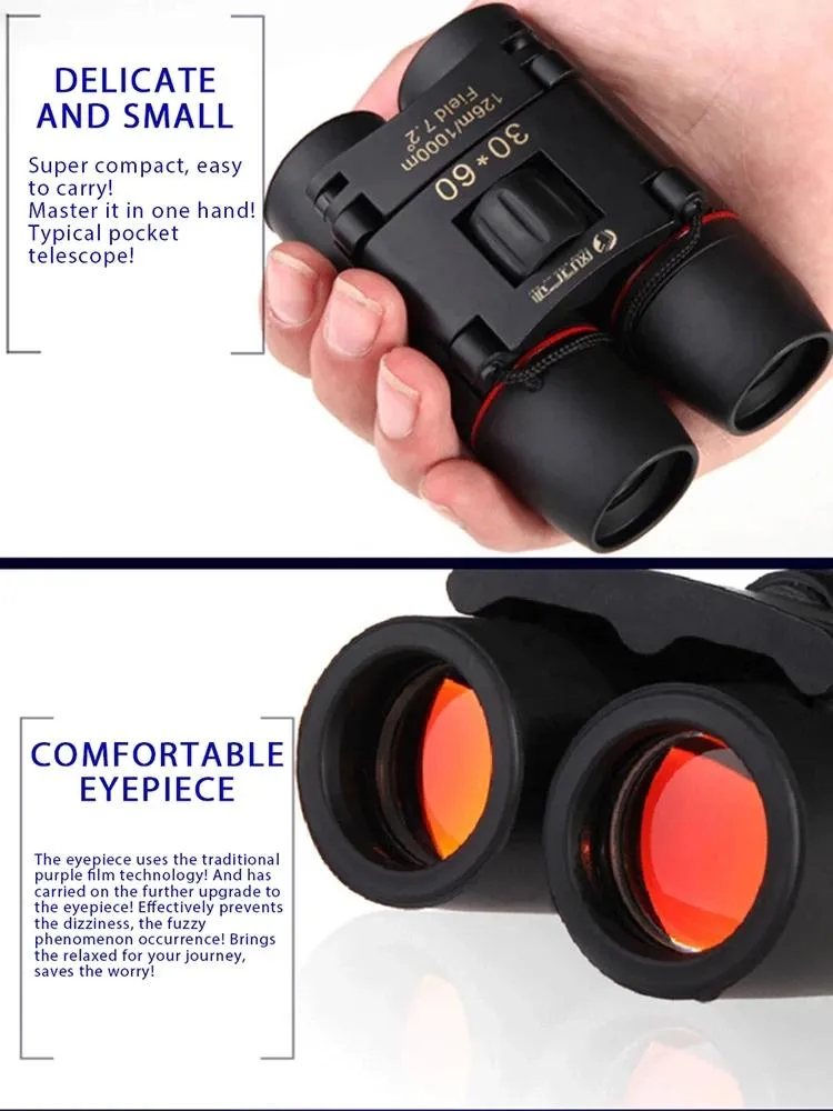 HD High Power Mini Telescope مناظير ليلية رؤية تكبير التصغير كاميرا تلسكوب 30x60 مناظير قابلة للطي في الهواء الطلق مشاهدة الطيور تسافر التخييم 800-1000M