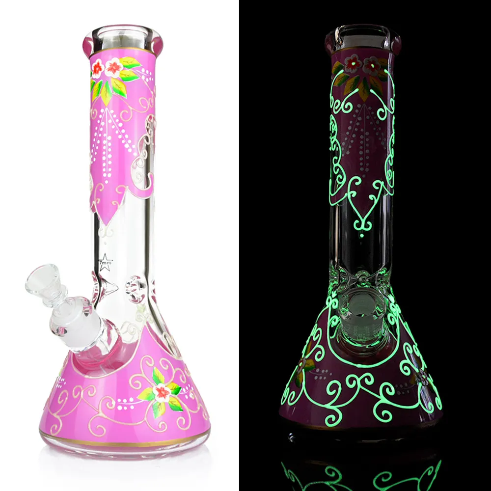 12 "Handpainted Floral Glass Baker Bong Water Pipe Hookah 7mm 두꺼운 아이스 애쉬 포수 Dab Oil rigs Smoking Bongs Bubbler 파이프 그릇