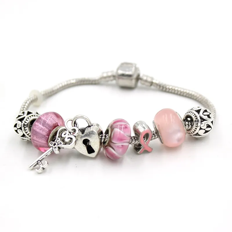 Neuankömmling, neuester Brustkrebs-Bewusstseins-Schmuck, europäischer Charme, Lampwork-Murano-Gras-Perle, rosa Band, Brustkrebs-Armband-Schmuck