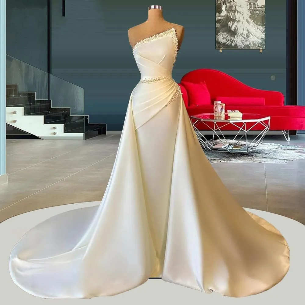 Brautkleid funklige Kristalle Meerjungfrau gefaltete Brautkleider 2022 Dubai Saudi-Longue Perlen Satin Robe de Mariee Vestidos Noiva