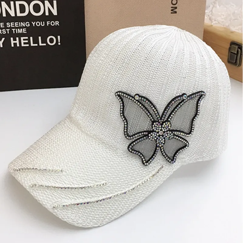 Baseball Cap Women Big Butterfly Hat Denim Bling Rhinestone Snapback Caps Casquette Sommar Andningsbar Sun Hat J1210