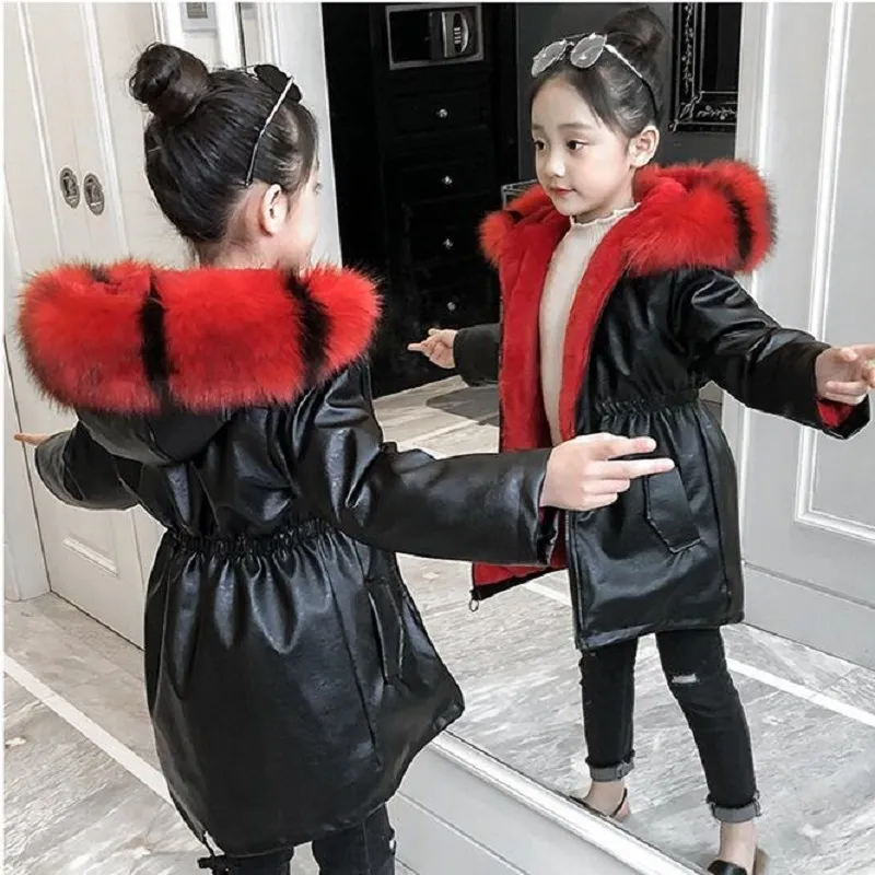 4-12 years Girl Winter Fashion Faux Leather Jacket Children's Coat Kids Outerwear Baby's warm fur jacket Girl's Christmas Gift 201126