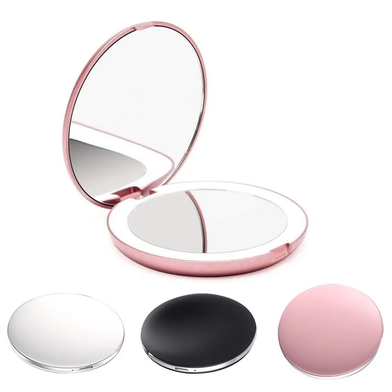 LED Light Mini Makeup Mirror Compact Pocket Face Lip Cosmetic Mirror Travel Portable Lighting Mirror 1X/5X Magnifying Foldable Y200114