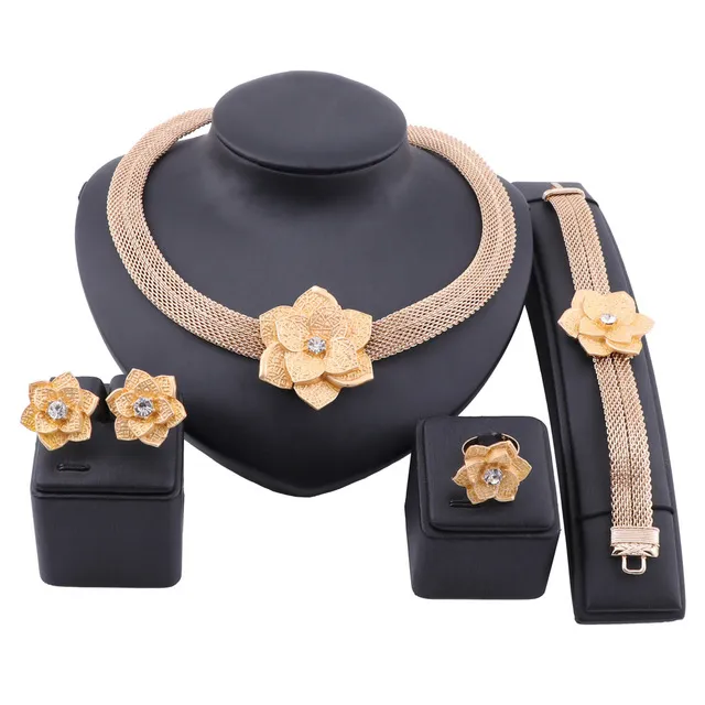 Conjuntos de jóias de flor de ouro africano para mulheres nupciais presentes de casamento festa colar brincos anel set saudita arábia jóias