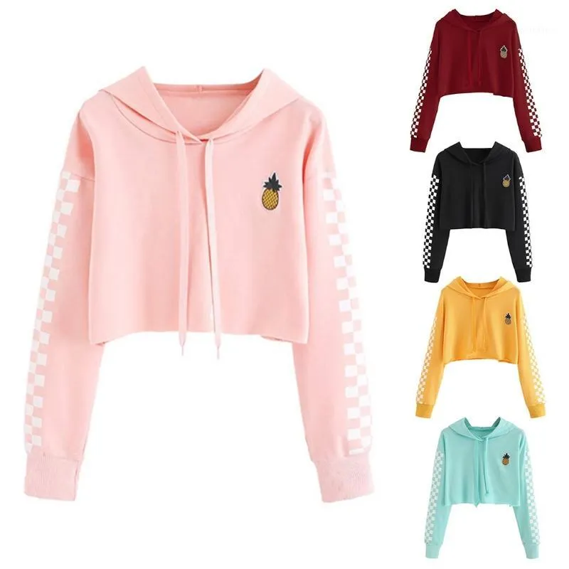Mode Nya Kvinnors Crop Tops Sweatshirt Girls Female Casual Pineapple Broderi Gingham Plaid Hoodies Pullover 5 Colors1