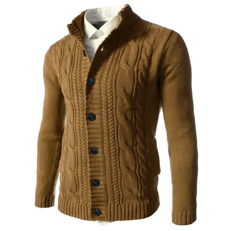 Su ter de la rebeca trenzada de los hombres El stico Tapeta con botones para hombre Su ter de punto Chaqueta Abrigo Cuello alto Su teres de invierno
