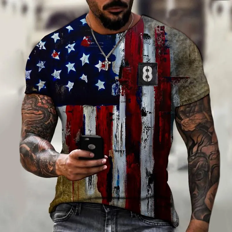 T-shirts van de heren Zomer met Amerikaanse vlagpatroon, Casual Mannelijke Manne Shirt, Ronde Kraag, Heren- Kleding BYCK 6XL