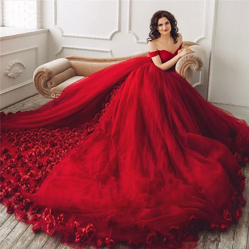 Dark Red 3D Floral Wedding Dress 2022 Off Ramię Plus Size Ręcznie wykonane kwiaty Arabskie Afryki Suknie Ślubne Vestido De Novia Mariage
