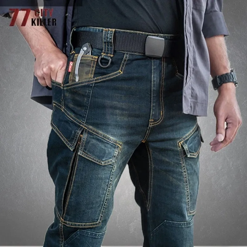 Cidade militar tático calças de brim dos homens swat treinamento combate calças compridas masculino casual em linha reta muitos bolsos múltiplos carga jeans