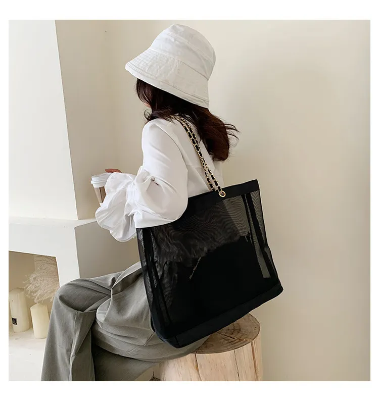 NEW Classic white printing shopping mesh chain Bag with ribbon classic Beach Travel Bag Women Wash Bag Cosmetic Makeup Storage mesh Case