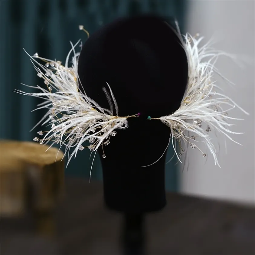 1 pair Feather Crystal Side Clip Shape Bridal Headdress Super Fairy earrings set Women's Wedding hair Accessories 220217