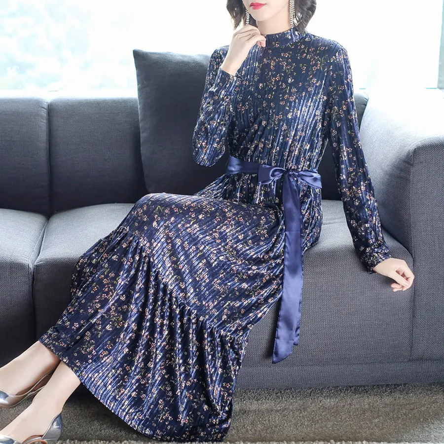 2020 Vintage Floral Velours Midi Robes Automne Hiver Plus Taille À Manches Longues Maxi Robe Élégante Femmes Moulante Parti Robes LJ201112