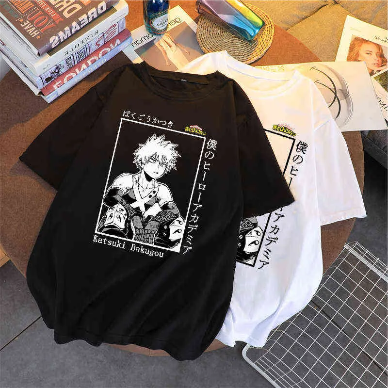 Damska Harajuku T Shirt Moda Anime My Boku No Hero Academia Katsuki Bakugou O-Neck Koszulka Casual Zabawna Tshirt G220310