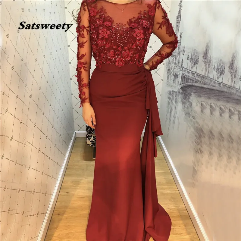 Long Evening Gown For Women With Full Sleeves Flower Lace Bodice Vintage Prom Gown Mermaid Luxury Dubai Party