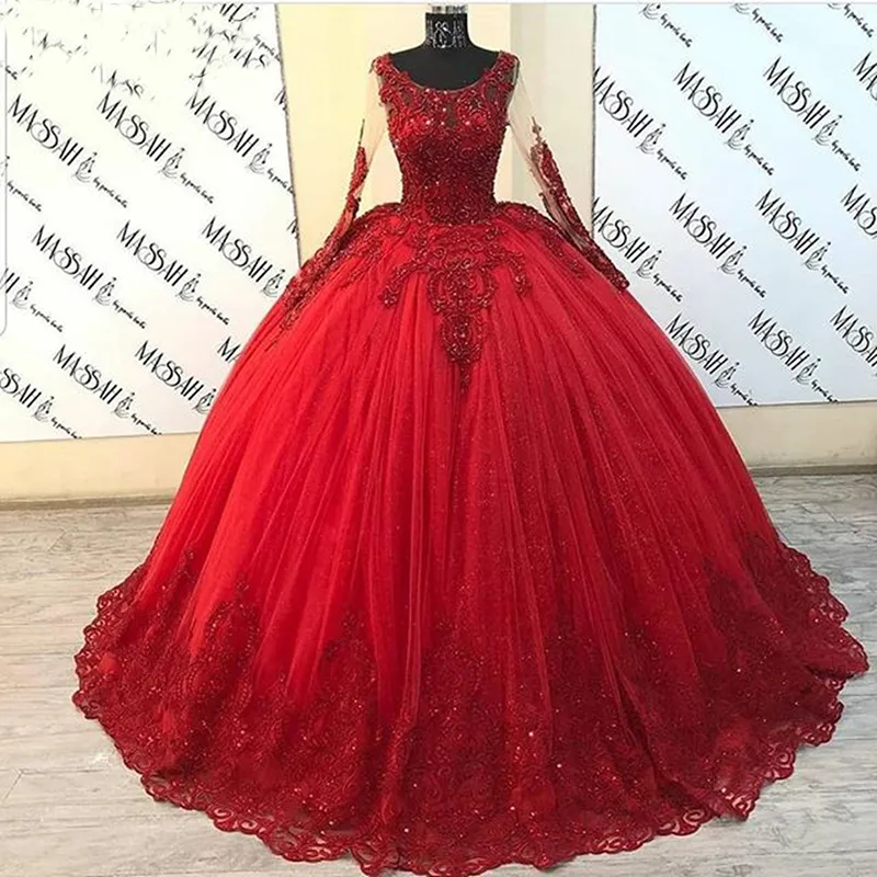 Kabarık Balo Quinceanera Modelleri Uzun Kollu Kırmızı Tül Boncuklu Dantel Sweet 16 Meksika Parti Elbise Sindirella Abiye