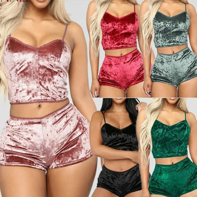 New Ladies Two-pieces Pajamas Velvet Sleepwear Sets Sexy Spaghetti Strap Shorts High Quality Pajamas Women Pajama Party Set