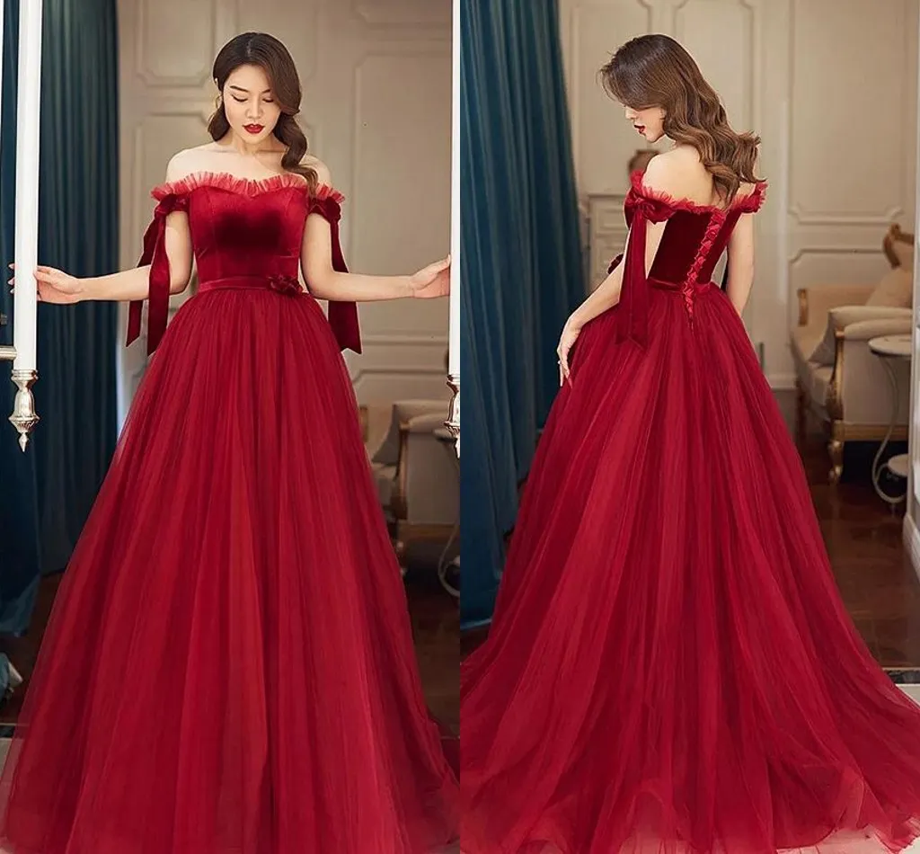 New Fashion Dark Red A Line Prom Dresses Off Shoulder Velvet Top Tulle Special Occasion Dresses Formal Dress Evening Gowns with Sashes