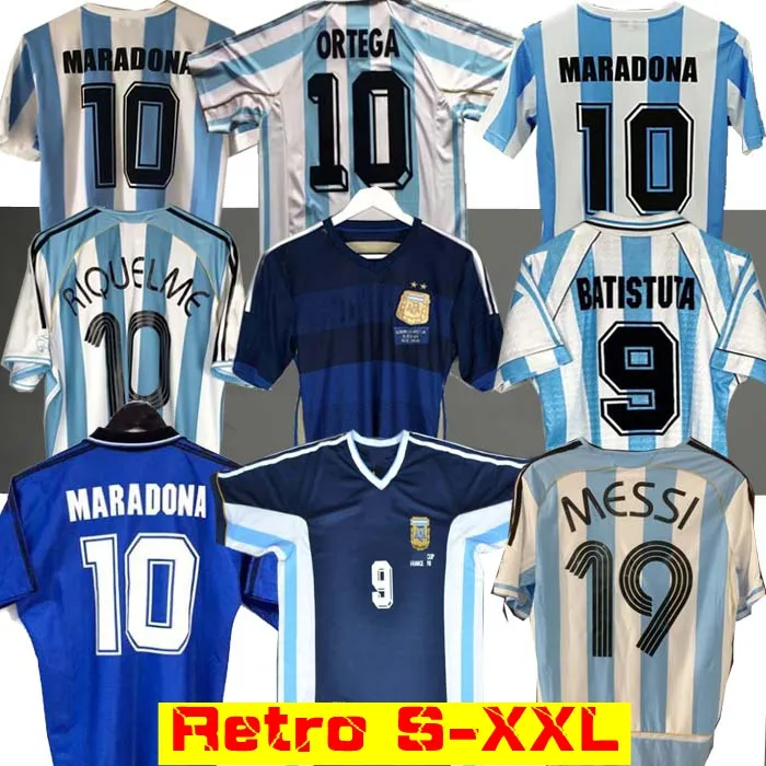 Retro 1986 Argentinien Fußball Jersey Messi Maradona Caniggia 1978 1996 Fußball Hemd Batistuta 1998 Riquelme 2006 1994 Ortega Crespo 2014