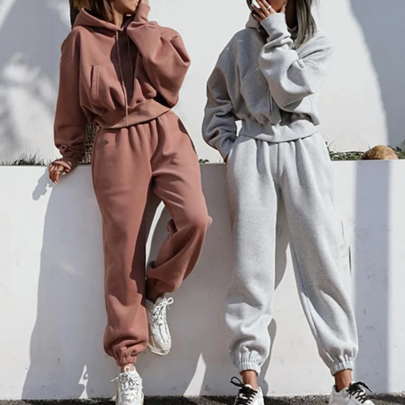 Solid Tracksuit Women Two Piece Set Autumn Winter Clothes Hooded