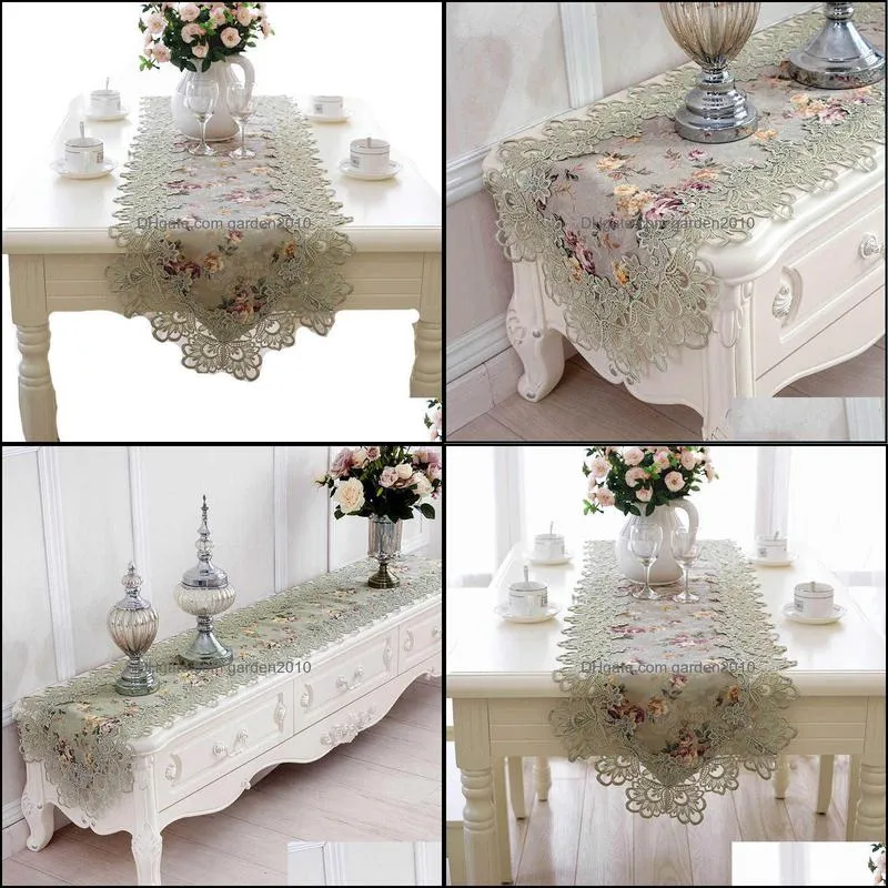 Table Flag flower Embroidered Green Top Elegant Europe Lace Pastoral Print Table Runner Home Decoration Runners Placemats HM384 220107