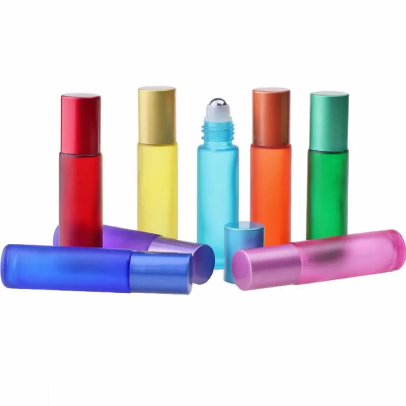 10ml Glass  Oil roller Bottles Rainbow Series Frosted Glass Perfume Roll on Bottle Travel Size Bottle LX4318