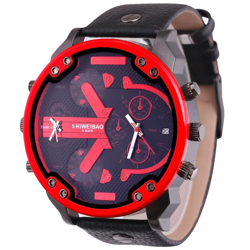 Armbanduhren 5,5 cm Big Face Quarzuhr für Männer Dual Times Datum Herren Armbanduhren Mann Schwarz Leder Wasserdicht Relogio Masculino1