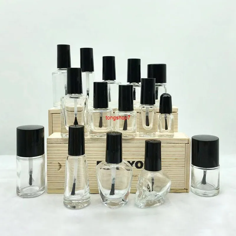 10ピース5ml / 10ml / 15ml / 20mlの空の丸い四角の透明なガラスの爪の爪の爪のポーランドのボトルブラシキャップペイント接着剤容器ネイルアートバイアルシップ