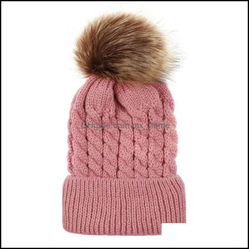 Baby Crochet Caps Kids Fur Ball Knitted Hats Imitation Braid Hairball Wool Cap Children Winter warm Hat 9 Colors Accessories C1654