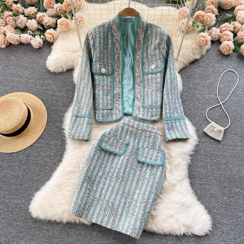 Werkjurken Hoge kwaliteit Kleine geur Tweed Tweedelige set Vrouwen Wollen korte jas Jas + rokpakken Herfst Winter Vintage 2 sets