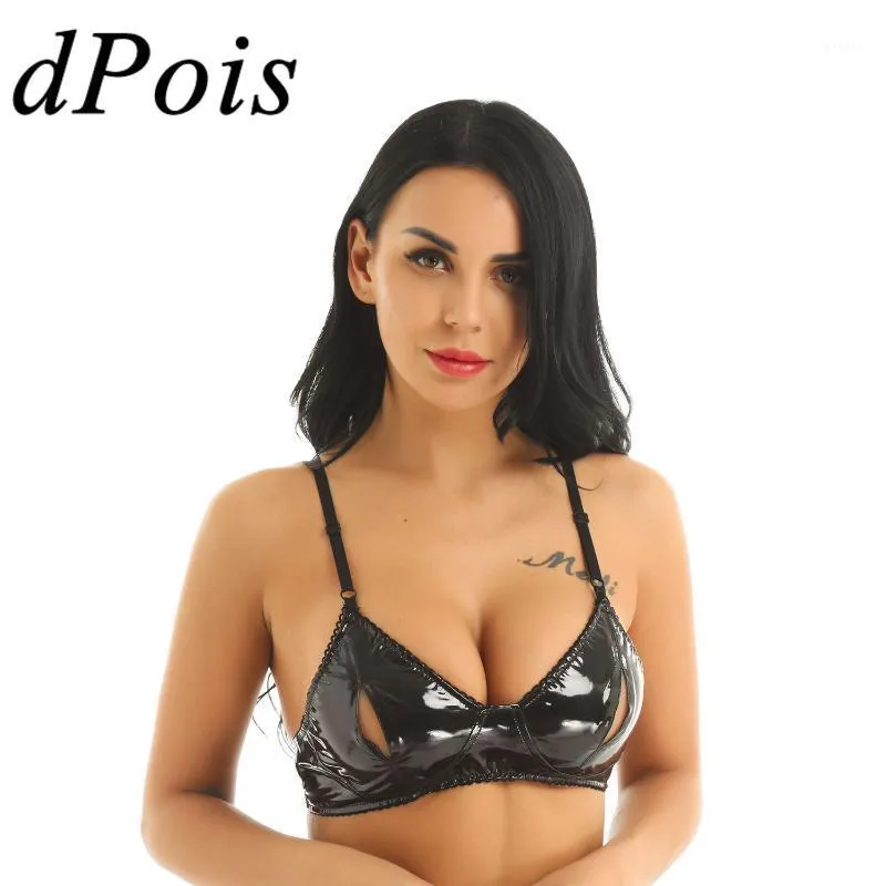 DPOIS Womens Shiny Faux Leather Bra Wetlook No Padded Bralette