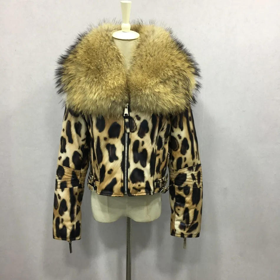 genuine leather jacket short with big raccoon fur collar (6)