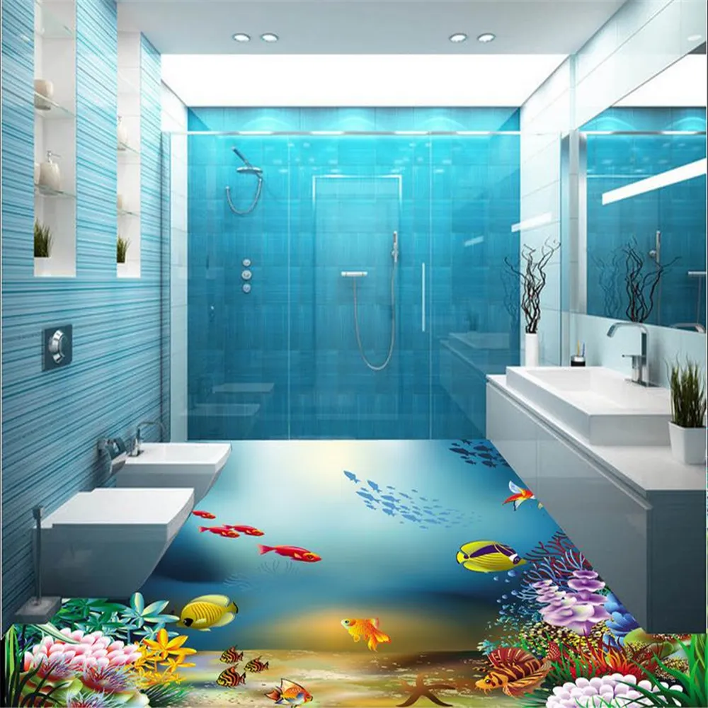 居間の3dの壁紙の壁紙の青い海のバスルーム防水壁紙3D立体床