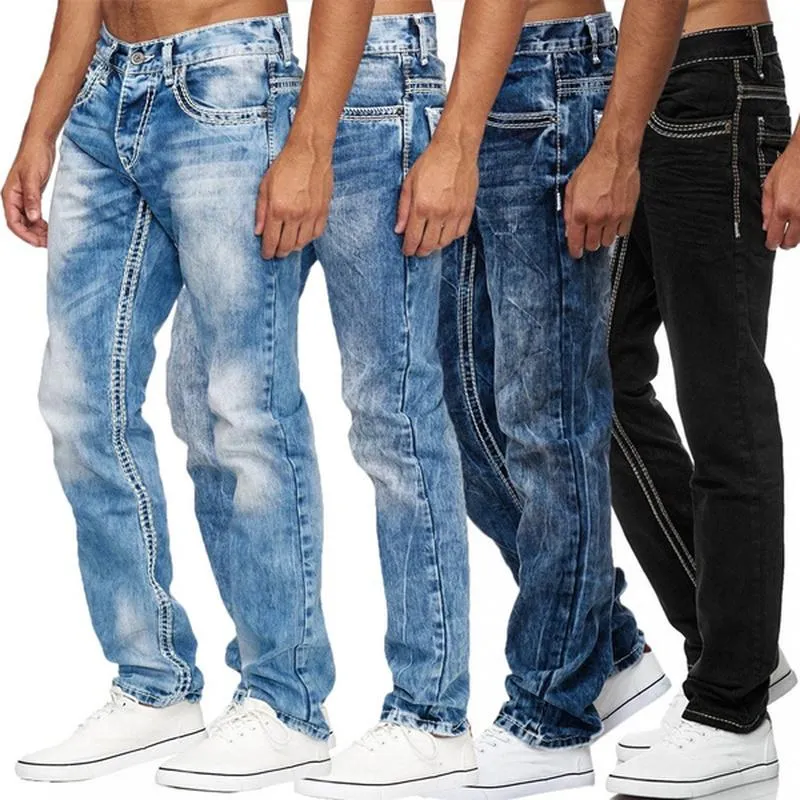 Moda jeans homens cintura alta calça magro dos homens denim namorado calças primavera outono em linha reta motociclista preto azul jean232s