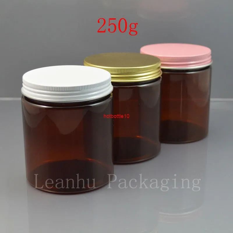 250g x 15 empty brown PET cosmetic cream jar with white / gold pink aluminum screw cap 250cc solid perfumes refillable bottleshipping
