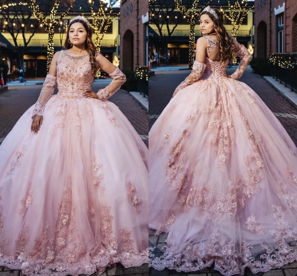 Magnifique Rose Robes De Bal Quinceanera Princesse Femmes Détachable Somptueux Manches Longues Floral Dentelle Applique Cristal Doux 16 Robe Plus La Taille