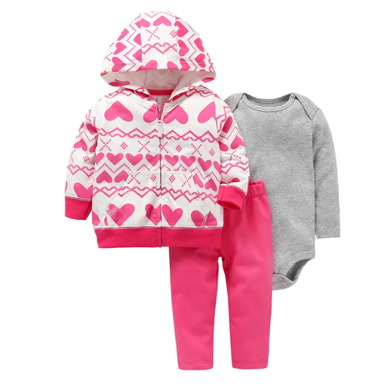  autumn winter baby clothes 3PCS baby girl outfit cute heart hooded coat+romper cotton+pink pants newborn clothing set