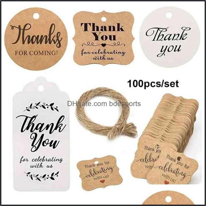 Tarjetas de felicitación Suministros para fiestas de eventos Hogar festivo Jardín 100 piezas Paquete de bricolaje Envoltura Boda hecha a mano Gracias Etiqueta colgante Yute Twine Kraft