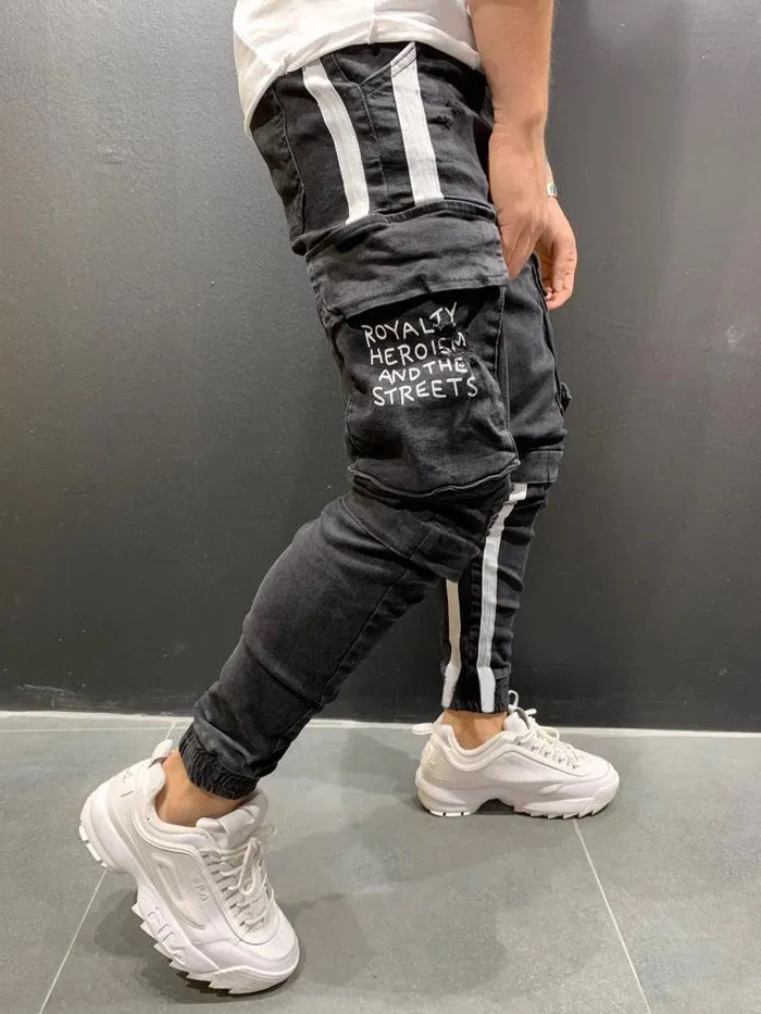 Mens Patchwork Denim Pencil Pants With Ripped Skinny Design, Big Side Pocket,  And Stripe Detail Slim Fit Biker Jogger For Hip Hop Cargo Mens Skinny Cargo  Trousers C1123 From Make07, $22.43