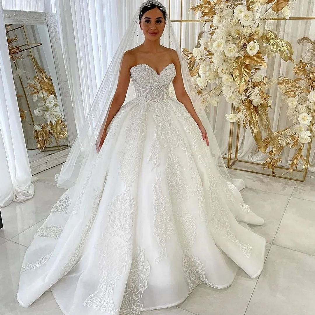 Sweetheart Neck Beaded Lace a line wedding dress with Sweep Train and Tulle Robe de Marie Sweetheart Neck Beaded Lace a line wedding dress with Sweep Train and Tulle Robe de Marie