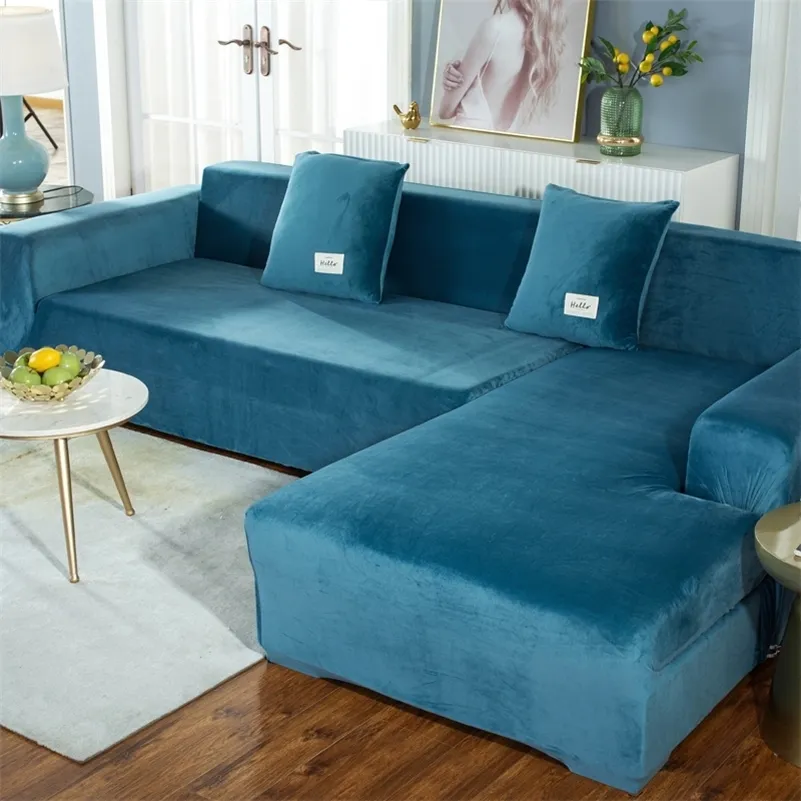 Elastyczna pluszowa sofa Pokrywy do salonu Aksamitne rogu fotel Kanapa Koła zestaw 2 i 3 Seter L Meble Meble Slipcover LJ201216