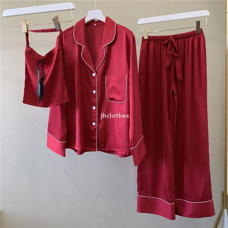 Retro Summer Women Silk Pajamas Fashion Pure Color Long-sleeve Sleepwear Girls Casual Shirt Home Clothing Sets01