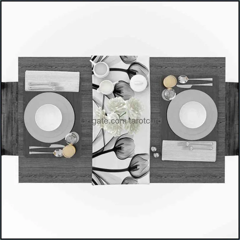 Tulip Flower Black And White Silhouette Table Runner Linen Cotton Table Flag Modern Party Wedding Decor Dinning Table Runners 220107