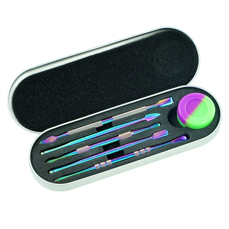 Dab Tool Kit Set with 5ml silicon container rainbow silver long dabber tool metal single package for wax dry herb DHL