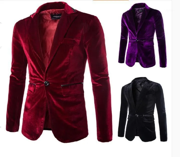 Erkekler Takım Elbise Blazers Toptan-Mens Bordo Kadife Blazer Traje Hombre Erkekler Için Mor Siyah Kadife Ceket Rahat Moda Bir Düğme CoA