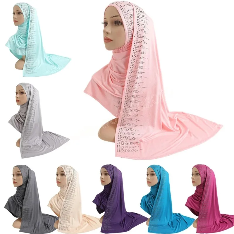 Mode Musulman Femmes Coton Jersey Long Foulard Strass Châle Foulards Islamique Arabe Écharpe Headwrap Plaine Chapeaux 165 * 52 cm