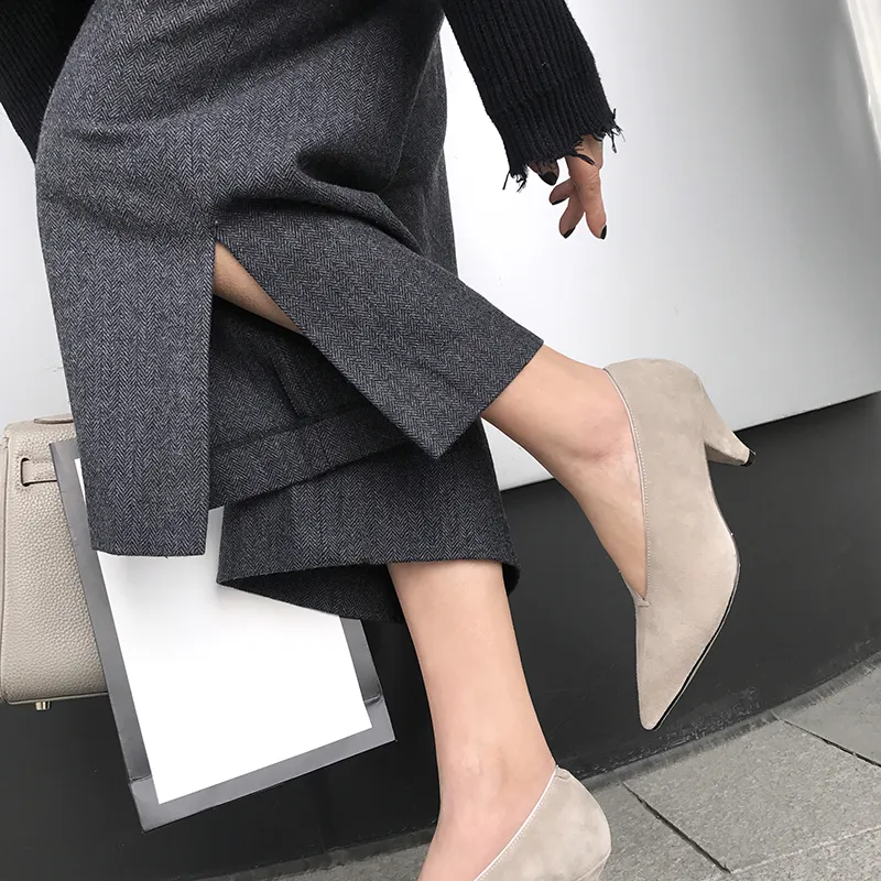 Designer-owiec zamszowe kobiety pompy płytkie usta pojedyncze buty z prawdziwym skórzanym butami