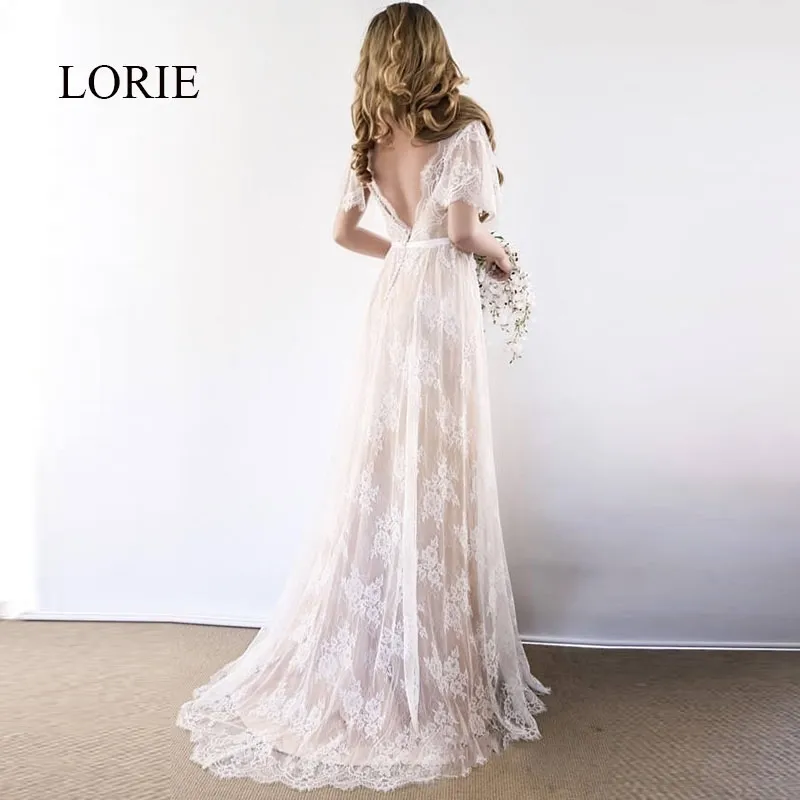 Lorie Boho 웨딩 드레스 V 목 뚜껑 슬리브 레이스 비치 웨딩 드레스 저렴한 Backless 맞춤형 A 라인 신부 드레스 우아한 201114